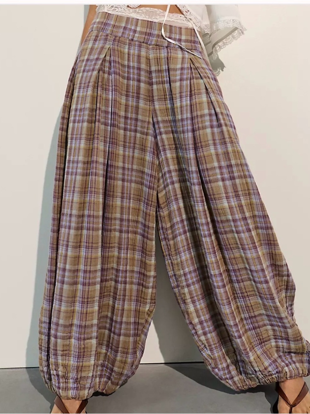 Free People Plaid Balloon Track Pants in Purple and Tan